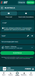 Rejestracja w 22Bit PL — bez weryfikacji tożsamości na starcie